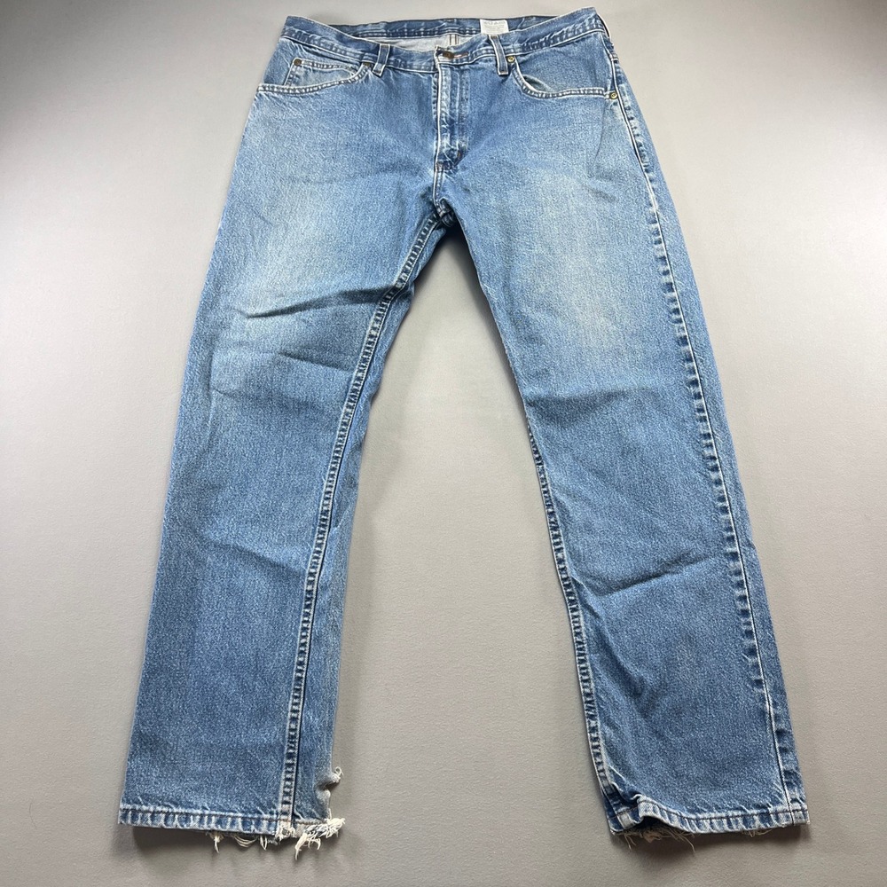 Key Traditional Denim Jeans Mens 36x32 Blue Cotton Mid Rise Straight Leg Raw Hem